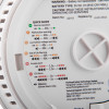Closeup label on fireangel combination optical smoke carbon monoxide alarm showing battery type, warnings, and technical support details