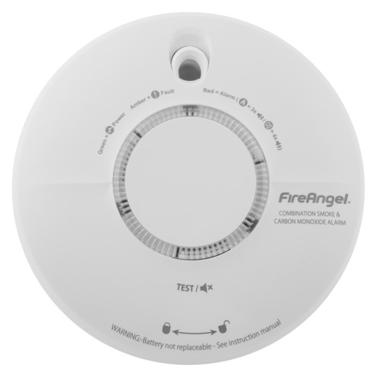 Front view of a FireAngel combination optical smoke carbon monoxide alarm showing test button and indicator lights