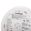 Label on fireangel combination optical smoke carbon monoxide alarm showing model, warnings, battery info, and caution instructions