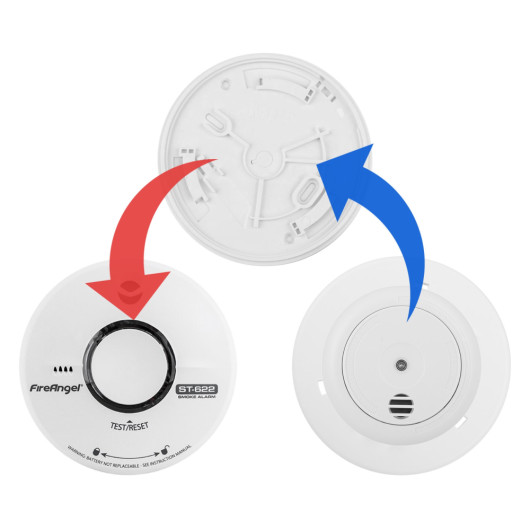 replacement for fireangel st 622 10 year smoke alarm ultrafire ulls10 showing front view with test reset button and rear base with wiring terminals