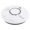 angled view of a white fireangel multi sensor smoke alarm showing the central test reset button and labelled details
