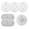 Six FireAngel alarms: four round smoke alarms, one round heat alarm with a different sensor design, and two rectangular carbon monoxide alarms.