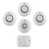 image featuring three white smoke alarms, one white heat alarm with visible sensor grille, and one carbon monoxide alarm, displayed on a white background