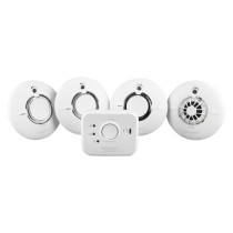 Fireangel pro connected home carbon monoxide smoke heat alarm starter kit showing four round alarms and a control unit in a group