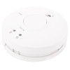 Angled view of fireangel mains powered optical smoke alarm with alkaline battery backup showing test button and indicator lights