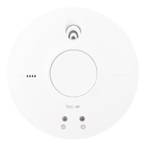 Front view of fireangel mains powered optical smoke alarm alkaline battery backup showing test button and indicators