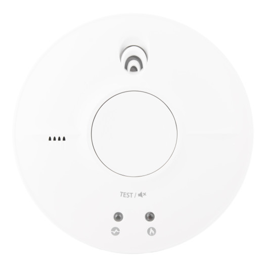 Front view of fireangel mains powered optical smoke alarm alkaline battery backup showing test button and indicators