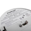 Close up of label on fireangel mains powered optical smoke alarm alkaline battery backup showing model and safety information