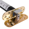 Close up of a brass-coloured astra 3003 series concealed fire door closer showing mounting plates and hinge mechanism