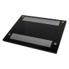angled view of a dorgard adapter plate for steel door showing a black rectangular plate with two grey strips and four fixing screws