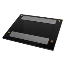 angled view of a dorgard adapter plate for steel door showing a black rectangular plate with two grey strips and four fixing screws