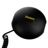 Black circular pad with a coiled cord showing the deafgard bedside fire alarm monitor logo