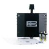 Black dorgard fire door retainer with two batteries, screws, and instruction sheets on a white background