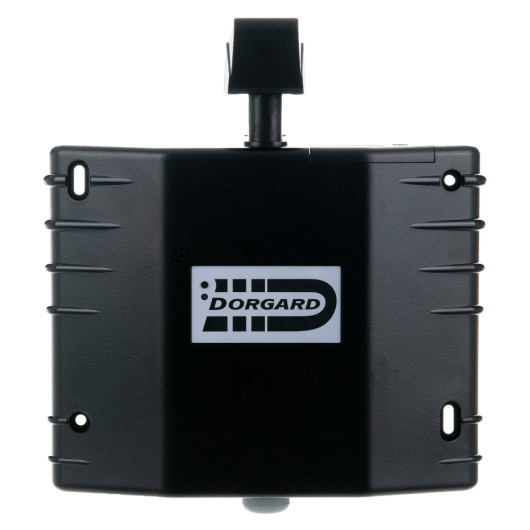 dorgard fire door retainer black shown from the front with brand label visible on a white background