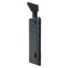 Side view of a black dorgard fire door retainer showing its rectangular body and angled top component