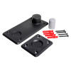 Forgard floorplate kit contents showing two black plates, four red plastic wall plugs, four black screws, and a grey cylinder without instructions