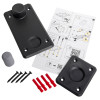 Forgard floorplate kit contents including two black plates, screws, wall plugs, an end cap, and instructions sheet