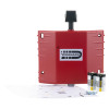 Red dorgard fire door retainer unit shown with two batteries, screws, and a folded instruction sheet on a white background