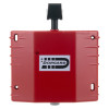 Red dorgard fire door retainer shown from the front with black top attachment and logo in the centre