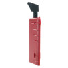 Side view of a red dorgard fire door retainer showing its rectangular body and black angled top piece