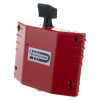 angled view of a red dorgard device with label on the front and a black angled component on top