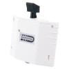 angled view of a white dorgard fire door retainer showing the front and side of the device