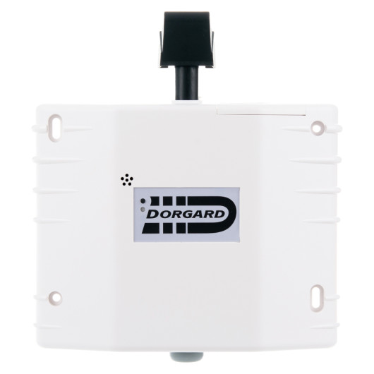 Front view of a dorgard fire door retainer in white with DORGARD logo on the front panel