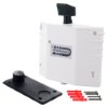 dorgard white device angled showing large black baseplate and red wall plugs with screws on white background