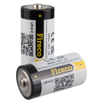 Two Fireco Replacement Batteries Dorgard 2 Pack showing label and positive terminal