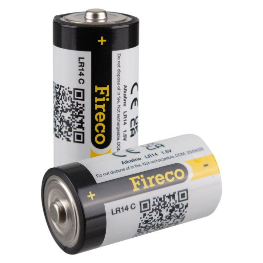Two Fireco Replacement Batteries Dorgard 2 Pack showing label and positive terminal