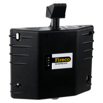 angled view of a black dorgard smartsound fire door retainer showing its compact rectangular shape and control knob on top