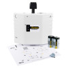 dorgard smartsound fire door retainer white showing the main unit batteries screws and instruction sheet