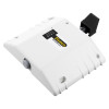 White dorgard smartsound fire door retainer shown flat with black release lever and Fireco label on surface