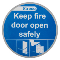 dorgard keep clear door sign round sticker showing blue background with white text to keep fire door open safely and safety graphics