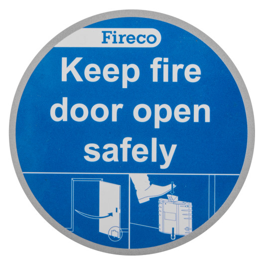 dorgard keep clear door sign round sticker showing blue background with white text to keep fire door open safely and safety graphics