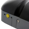 Closeup of yellow button on dormag smartsound fire door holder in grey and black casing