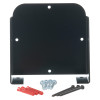 Black dormag smartsound plate with mounting screws and red wall plugs shown against a white background