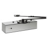 Front view of the freedor smartsound door closer showing the metal body and attached arm mechanism