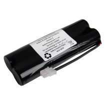 Angled view of a freedor replacement battery pack showing its black casing and white label with connector wire
