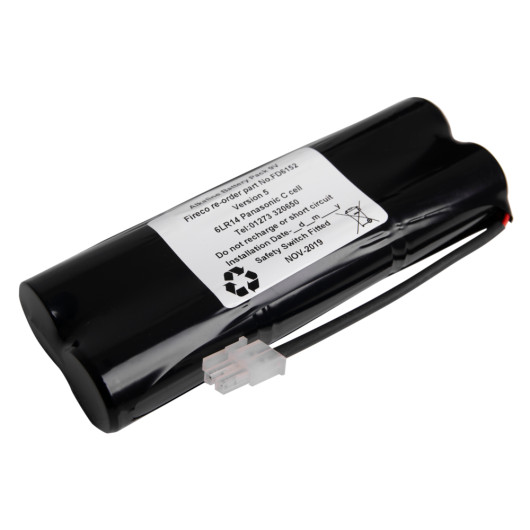 Angled view of a freedor replacement battery pack showing its black casing and white label with connector wire
