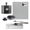 A set of Fireco fire‑door devices, including a black Dorgard Pro door retainer, a grey ProHub control unit, a black and grey wireless sensor with indicator lights, a small round activation button, and a silver overhead door closer with arm mechanism