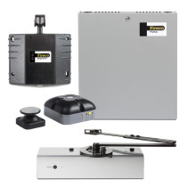 A set of Fireco fire‑door devices, including a black Dorgard Pro door retainer, a grey ProHub control unit, a black and grey wireless sensor with indicator lights, a small round activation button, and a silver overhead door closer with arm mechanism