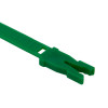 Close up of one green fire door security tamper seal from a 10 pack showing the end of the seal