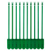 Front view of 10 green fire door security tamper seals arranged in a row with visible identification numbers