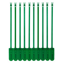 Front view of 10 green fire door security tamper seals arranged in a row with visible identification numbers