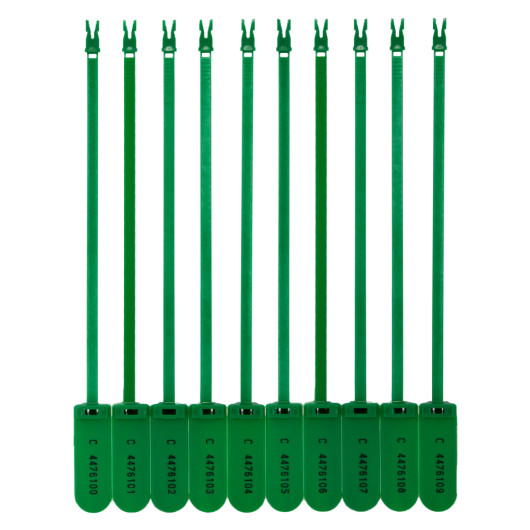 Front view of 10 green fire door security tamper seals arranged in a row with visible identification numbers