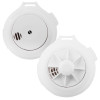 Two white Firehawk mains‑powered alarms, one with a plain circular front and the other showing a fan‑style heat‑sensing grid.