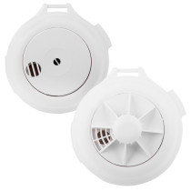 Two white Firehawk mains‑powered alarms, one with a plain circular front and the other showing a fan‑style heat‑sensing grid.