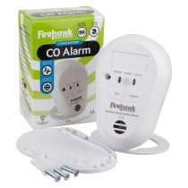 Image showing the Fico5B X Firehawk Co5B Carbon Monoxide Alarm with its packaging, mounting plate, and screws