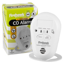 Firehawk CO7B 10-year carbon monoxide alarm displayed in front of its retail packaging.